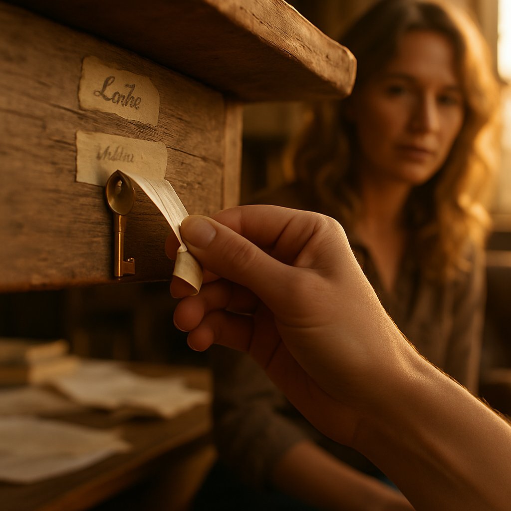 A small brass key taped under a wooden desk drawer labeled 'Lake' is being uncovered.