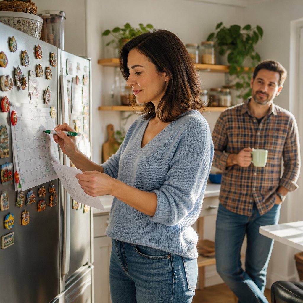 Woman confused by changes on family calendar as man watches in kitchen.