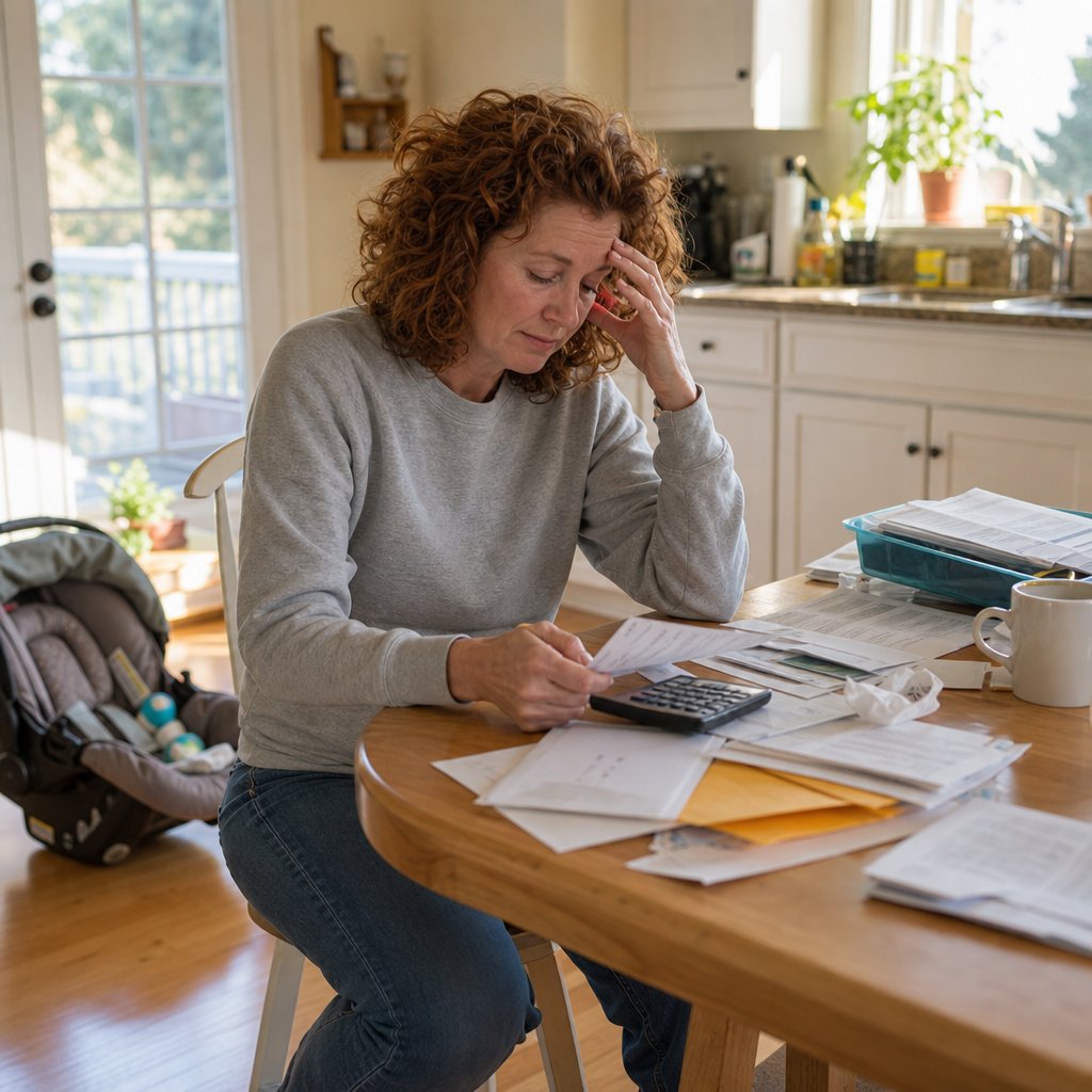A woman overwhelmed by paperwork at a kitchen table with a baby’s car seat beside her.