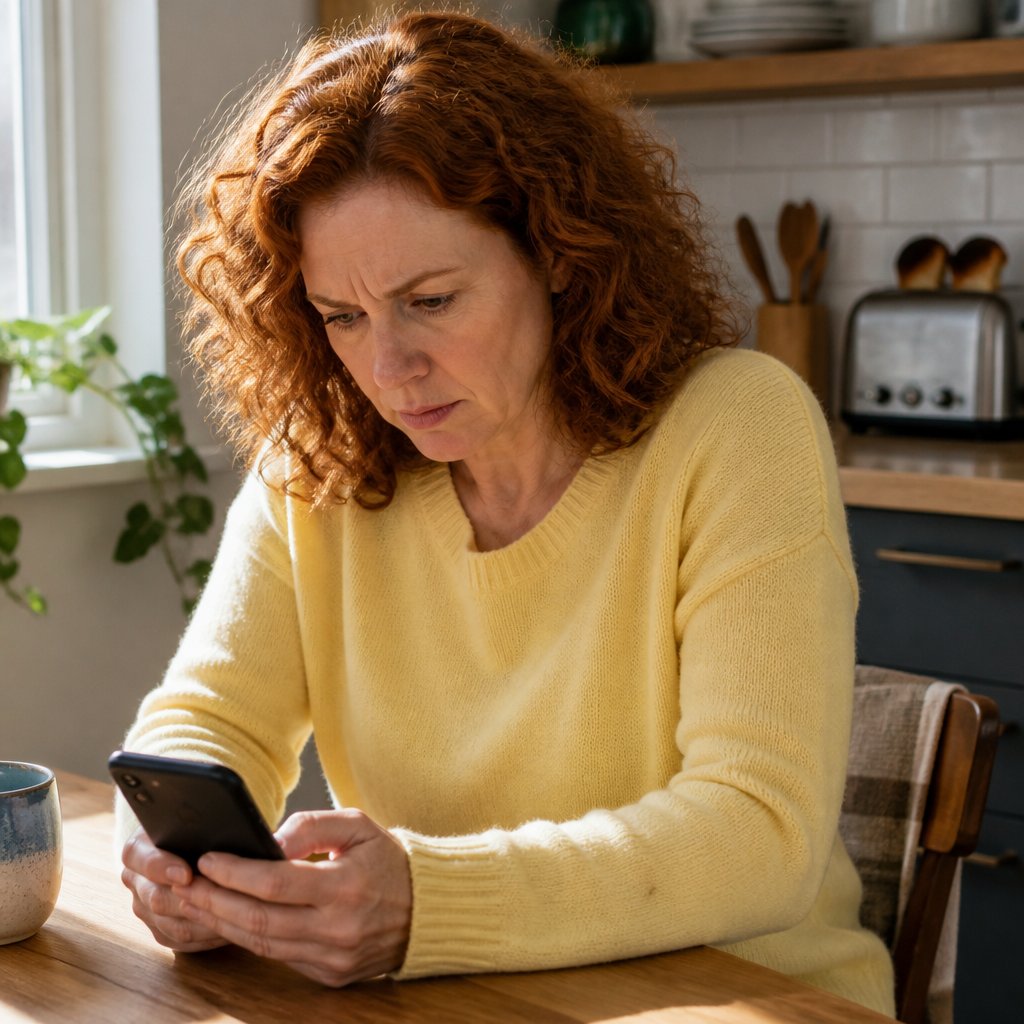 Woman worriedly reading calendar events on phone at kitchen table with burnt toast nearby.