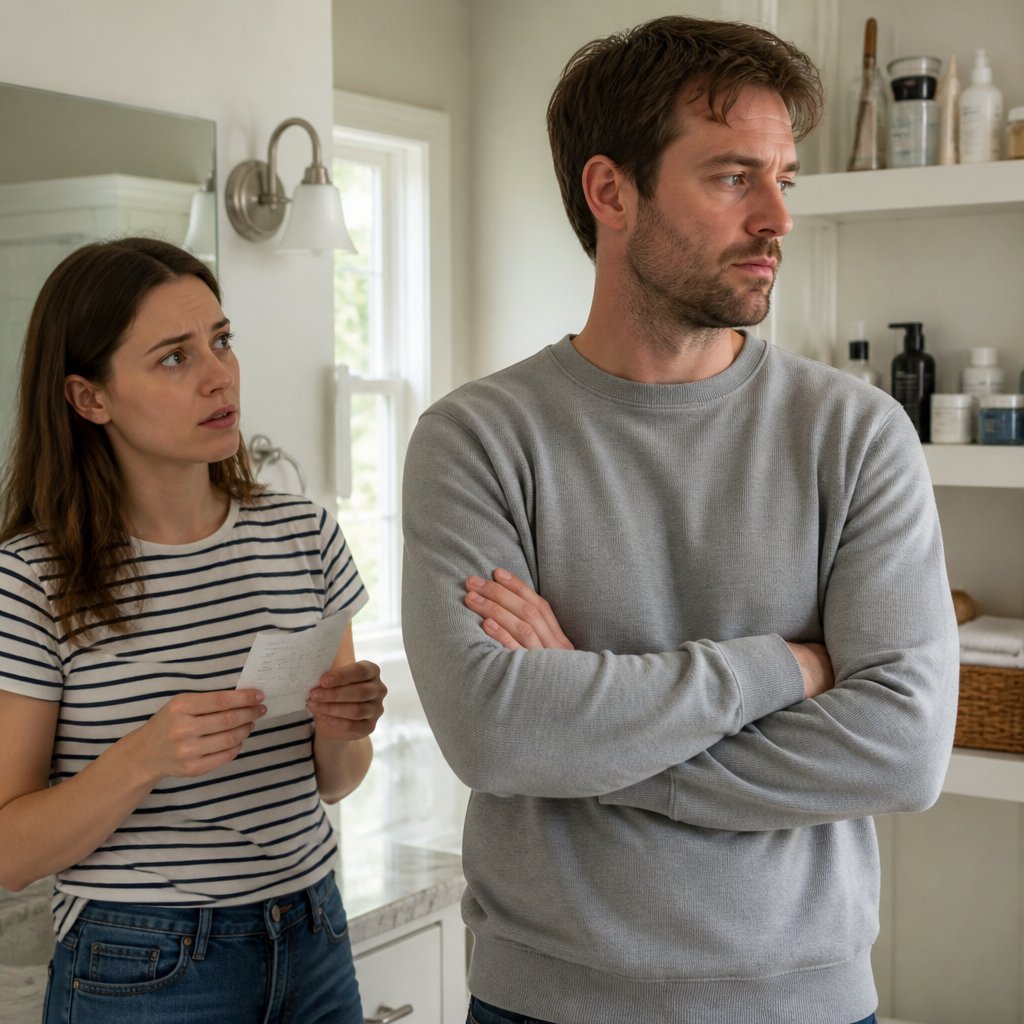 Woman holding gift receipt in bathroom, man standing nearby looking tense
