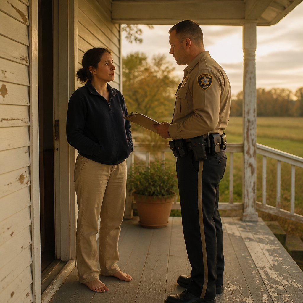 Woman on porch talking seriously with deputy sheriff holding clipboard.
