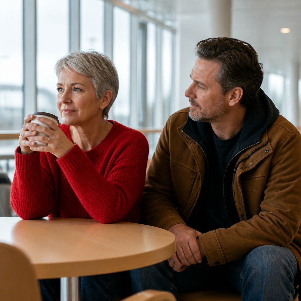 Woman holding coffee in hospital café, looking uncertain, husband concerned nearby.