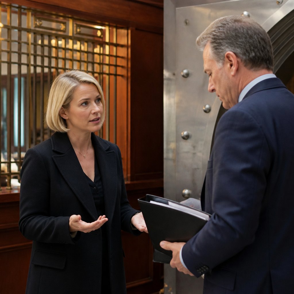 Woman talking to bank manager near safe deposit box vault.