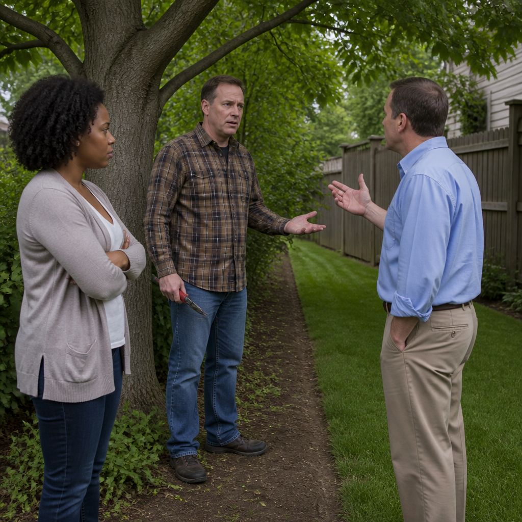 Two neighbors arguing near a maple tree with pruning shears and a visible property line in a suburban yard.