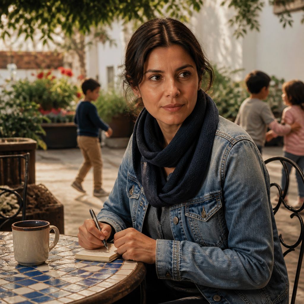 Woman at café writing in notebook, children playing behind her.