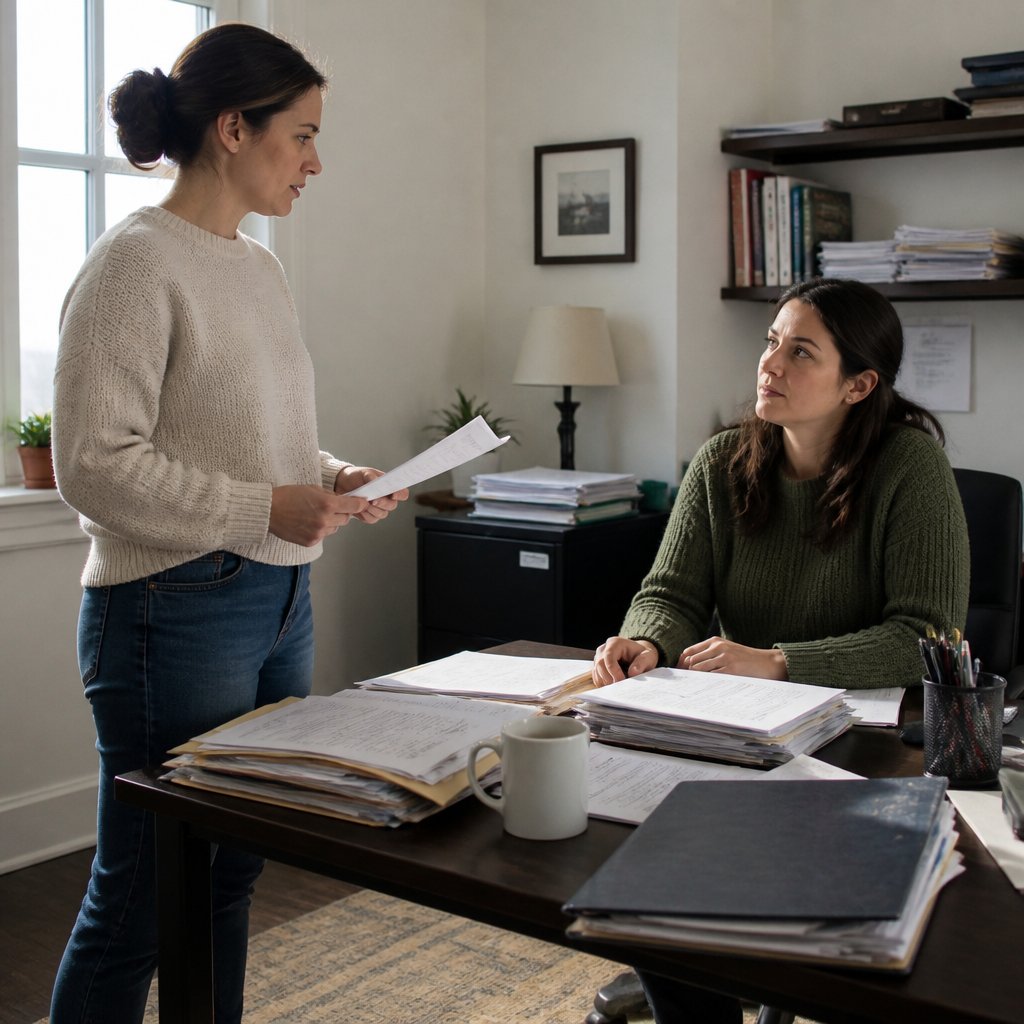 Sister shows printed emails to another sister in an office.