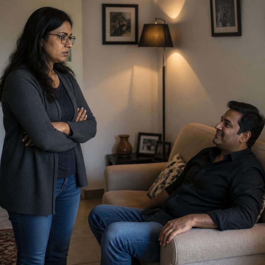 Woman tense and confronting man who smiles calmly across the room.