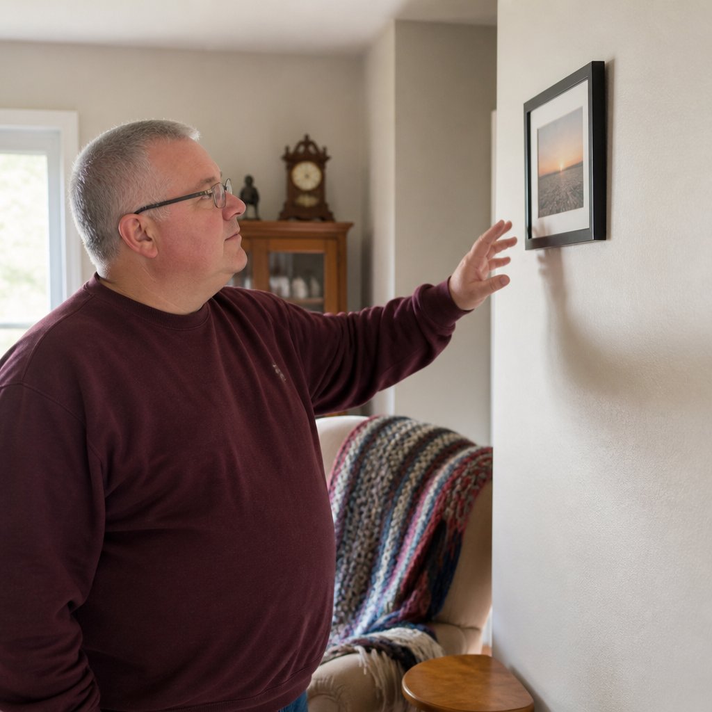 Man in burgundy sweatshirt looking at a newly hung photo frame missing a pencil mark, tension on his face.