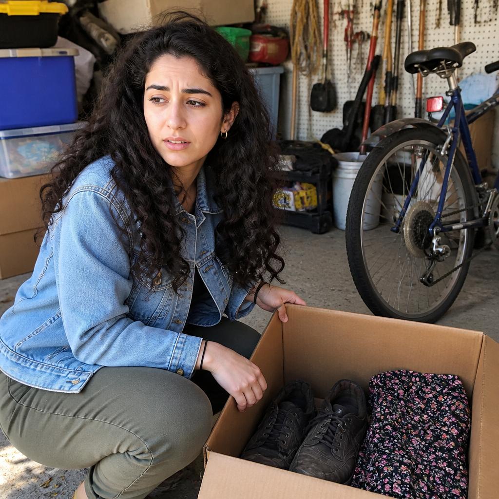 Woman discovers box with her shoes and dress in garage, looking concerned.