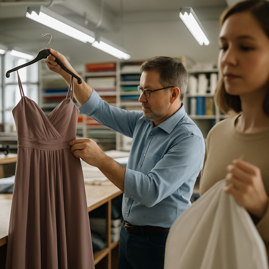 Tailor workshop with bright lighting, woman holding dresses, tailor talking