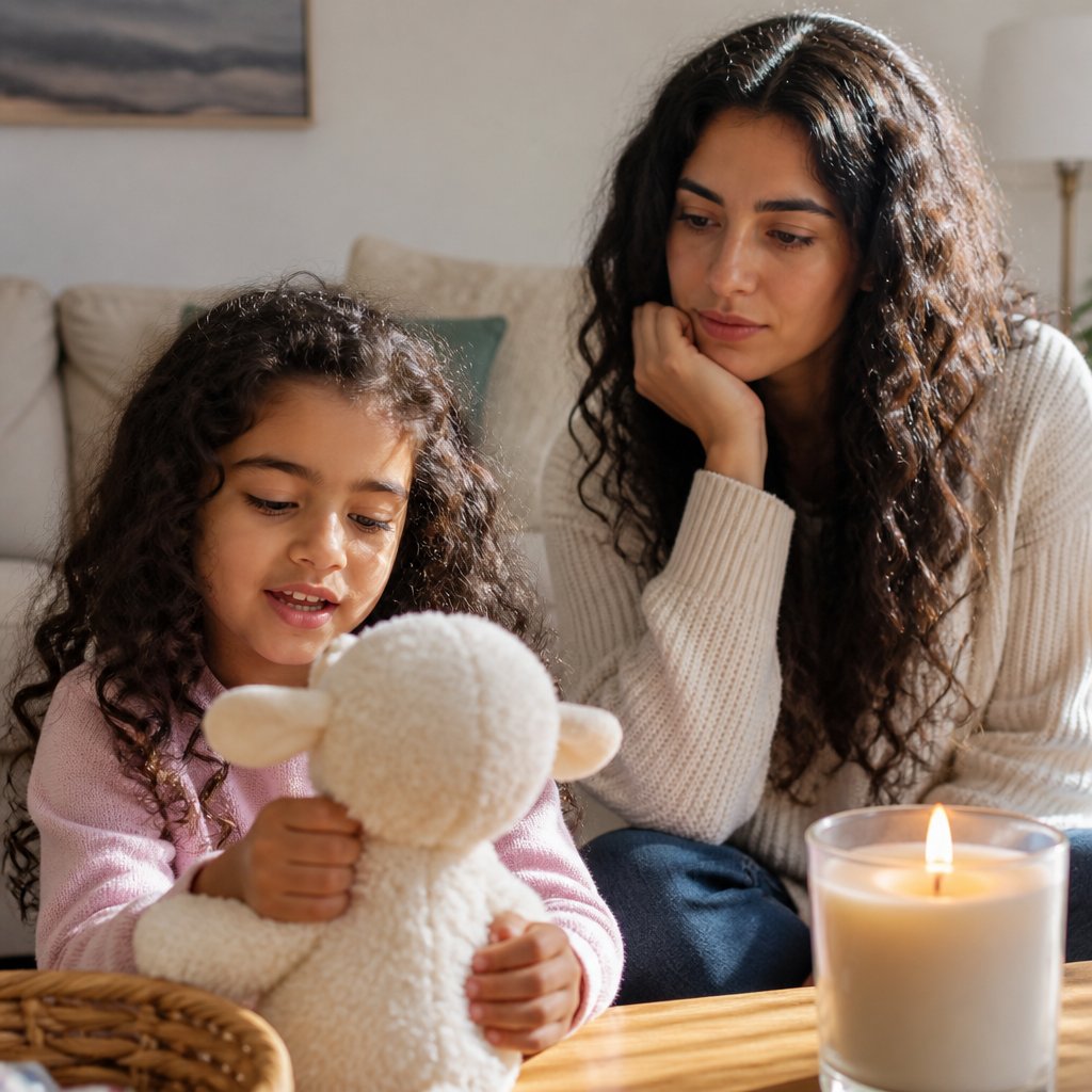 Daughter playing with stuffed animal while mother watches thoughtfully
