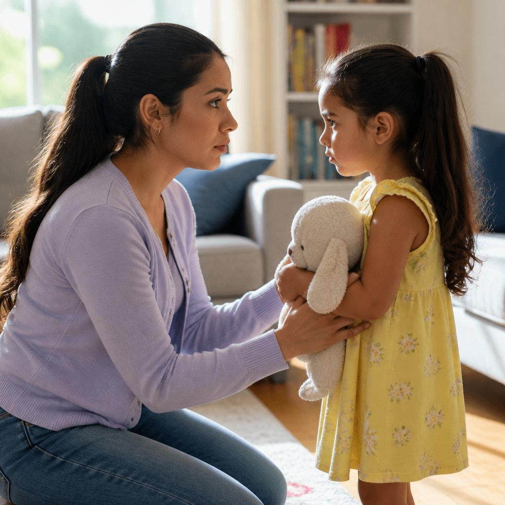 Woman kneeling and talking to young girl in living room, expressions serious and tender