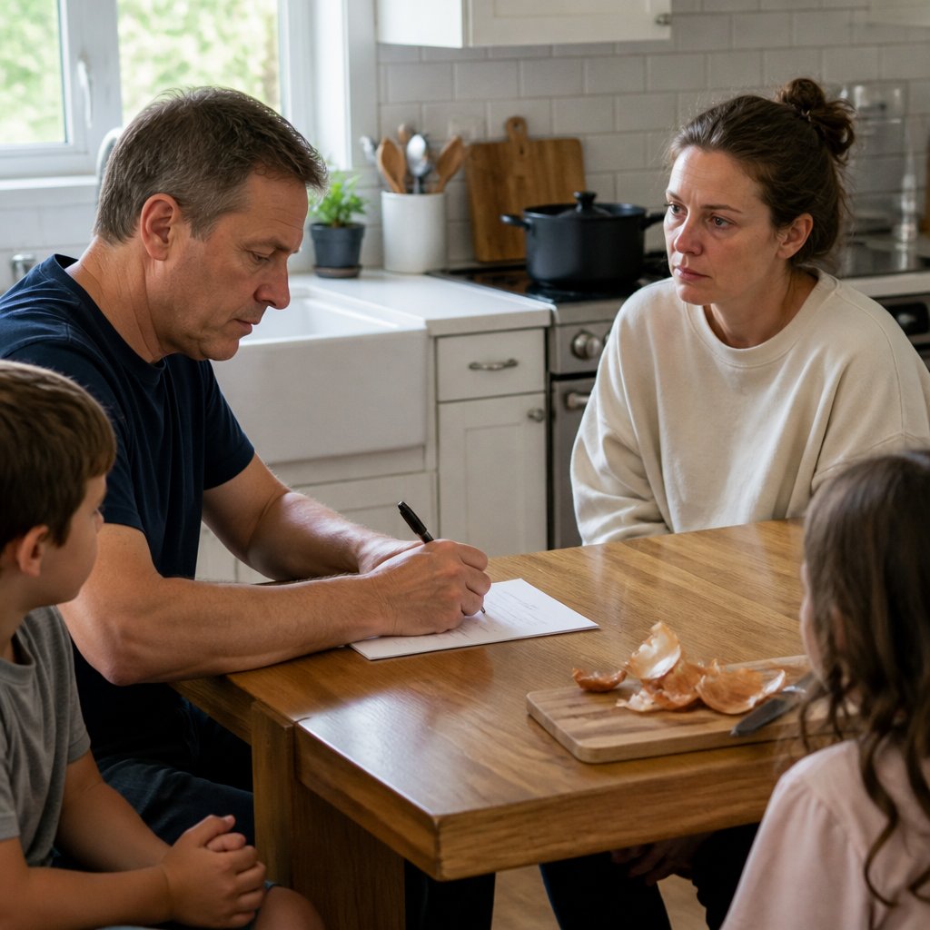 At the kitchen table, Cal writes on a checklist while Ivy looks tense and the kids watch quietly.