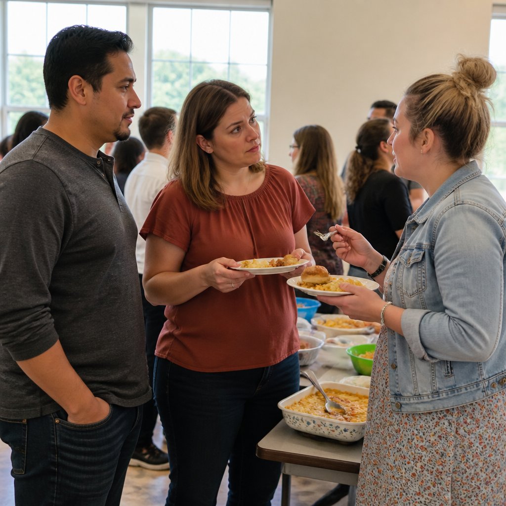 Mara grips a paper plate at a potluck while a blonde mom gestures with a fork, mid-comment.