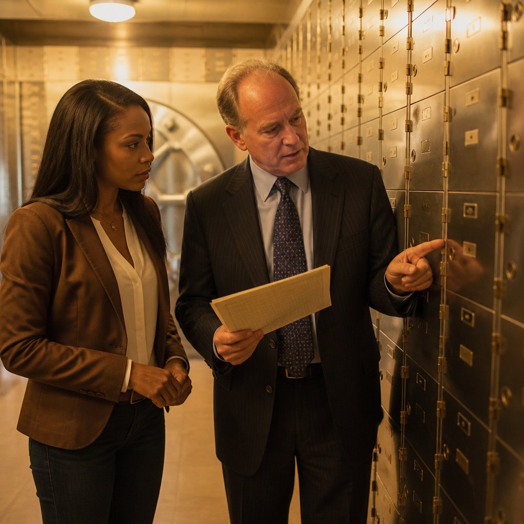 Mara and the bank manager stare at a missing label on Box 1147 while he holds a second sign-in sheet.