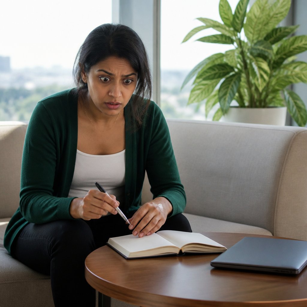 Mara sits in an office lounge, frozen with pen in hand after realizing something in the shared doc doesn’t belong.