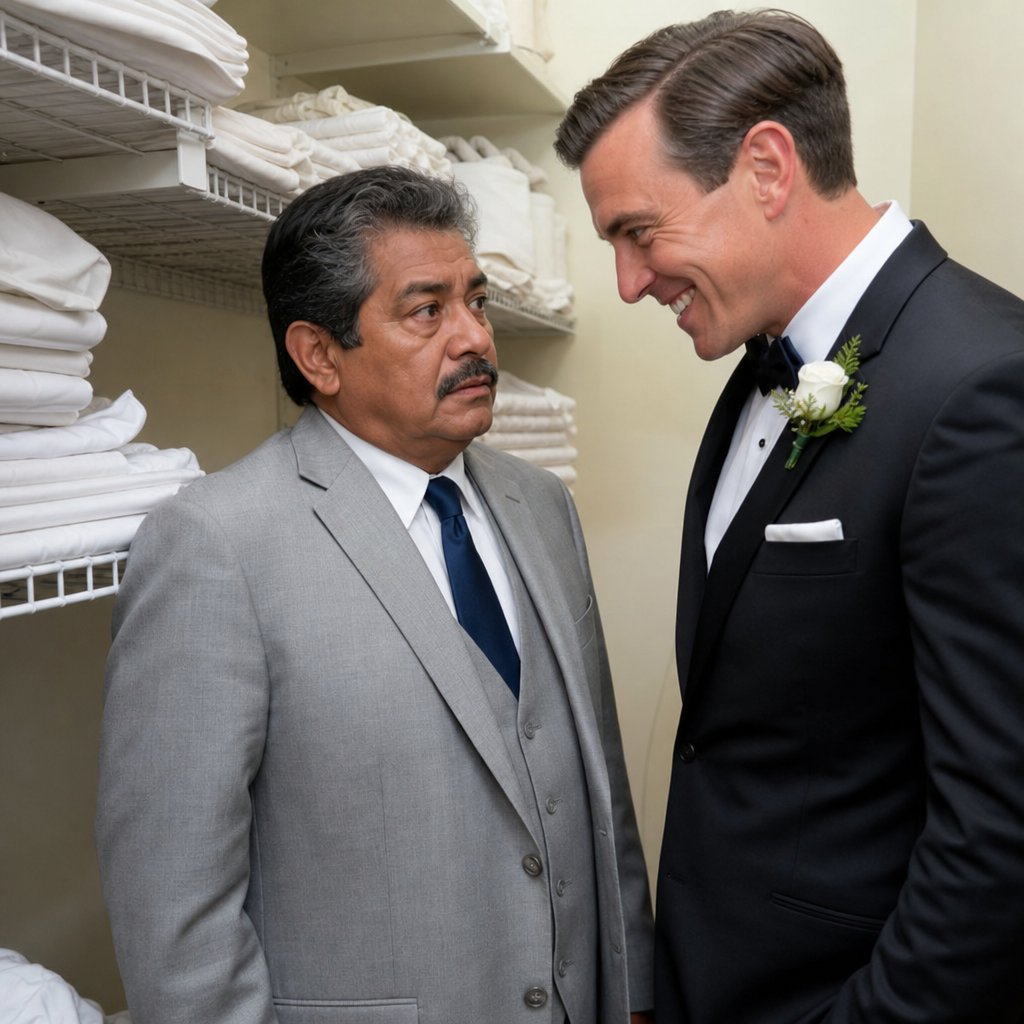 In a linen closet, the groom smiles too hard while a tense man confronts him.