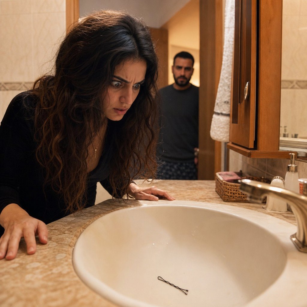 A woman stares at a bobby pin in the sink while her bearded husband appears in the doorway, tense.