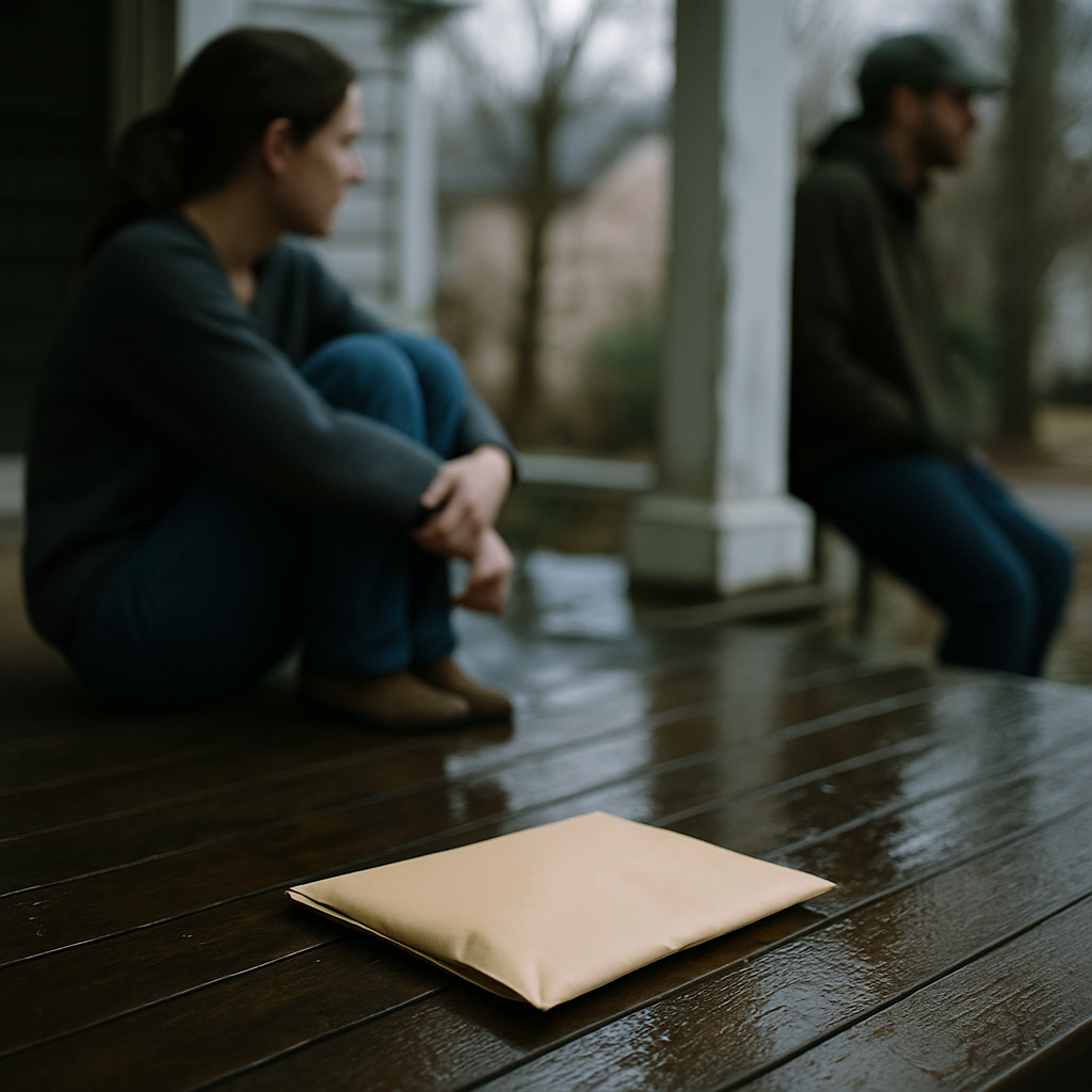 Envelope on wet wooden porch boards