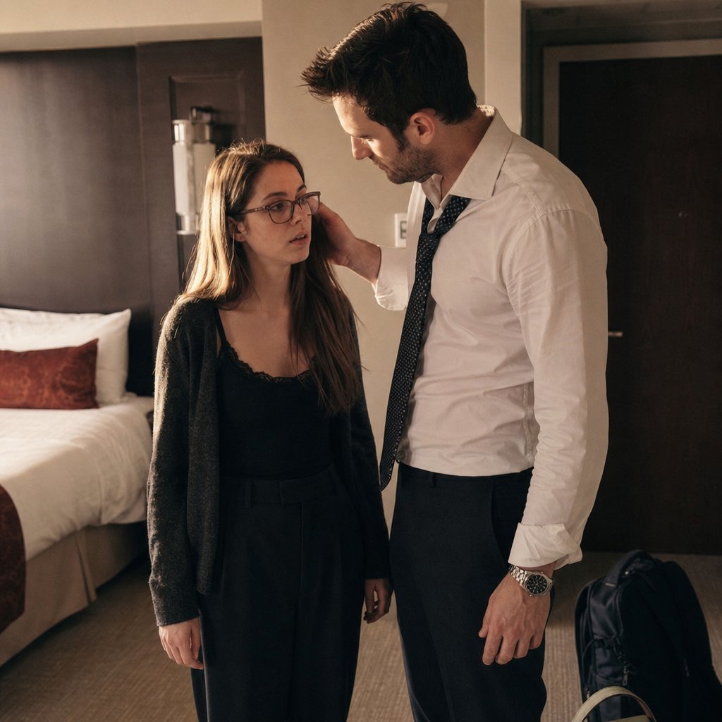 In a hotel room, a stunned young woman with glasses stands close to a rumpled man in a loosened tie, both tense after a boundary-crossing moment.