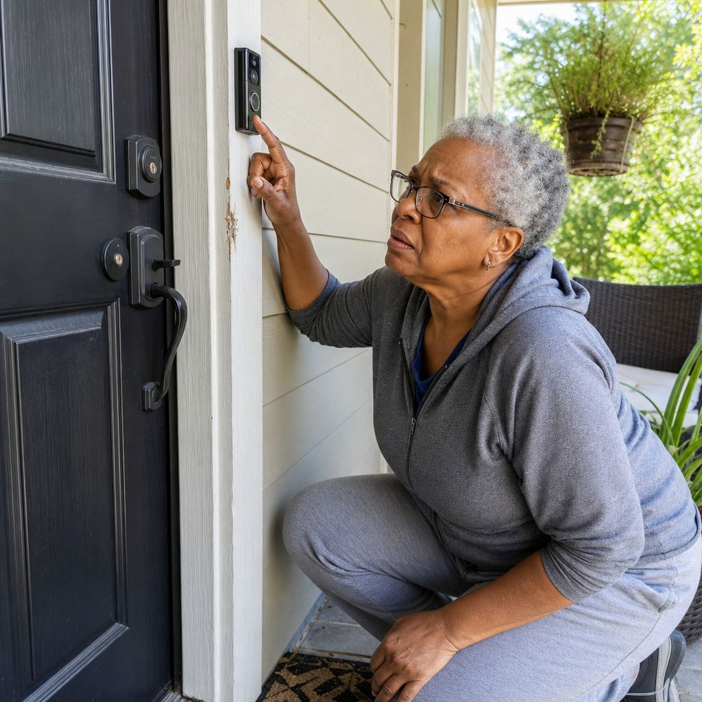 An older woman crouches on her porch, examining a doorbell camera with alarm, noticing marks near the lock.