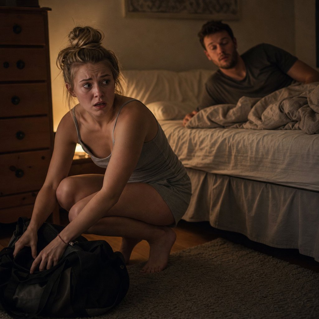Mara crouches by a gym bag holding a hidden phone as Graham wakes up.