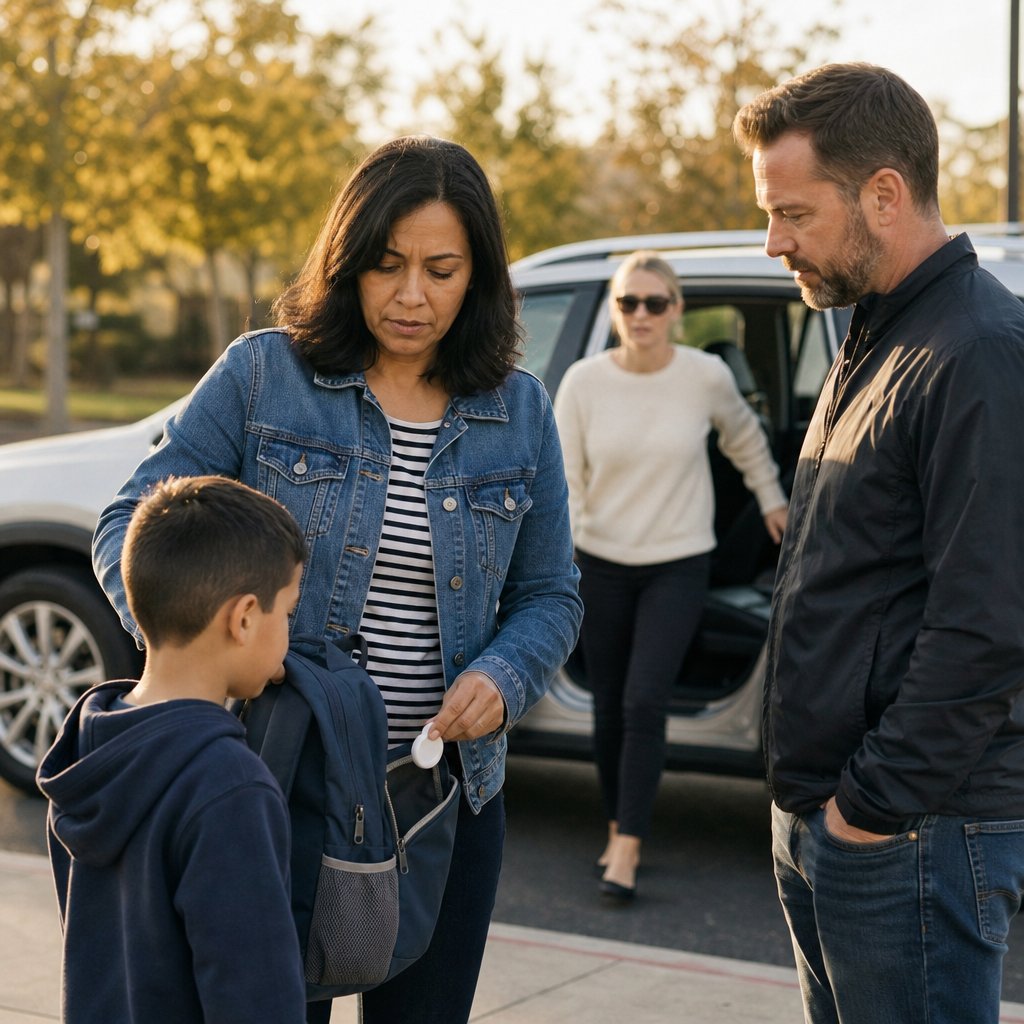 Mara discovers a tracker tag in her son’s backpack as Grant watches and Sloane approaches.