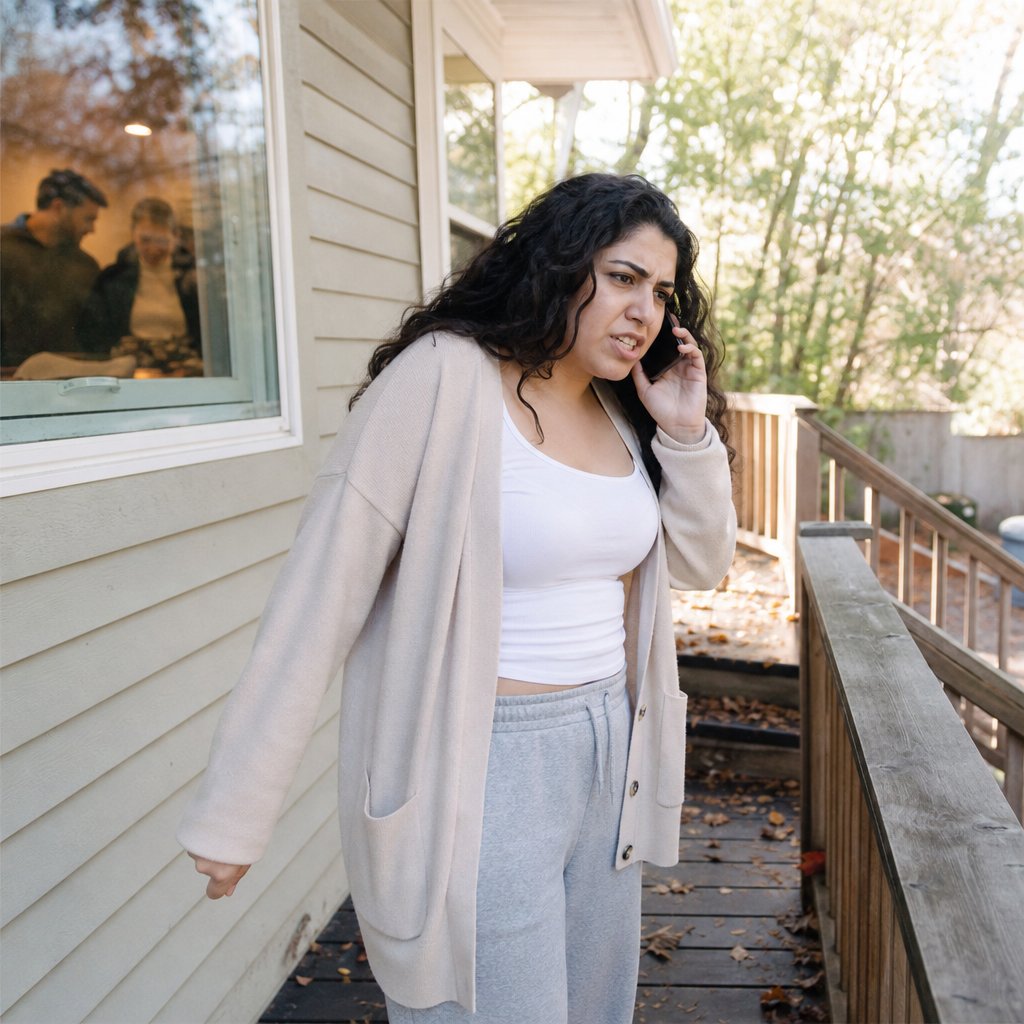Bride on a porch clutches the railing while speaking tensely on the phone, damp leaves on the steps.