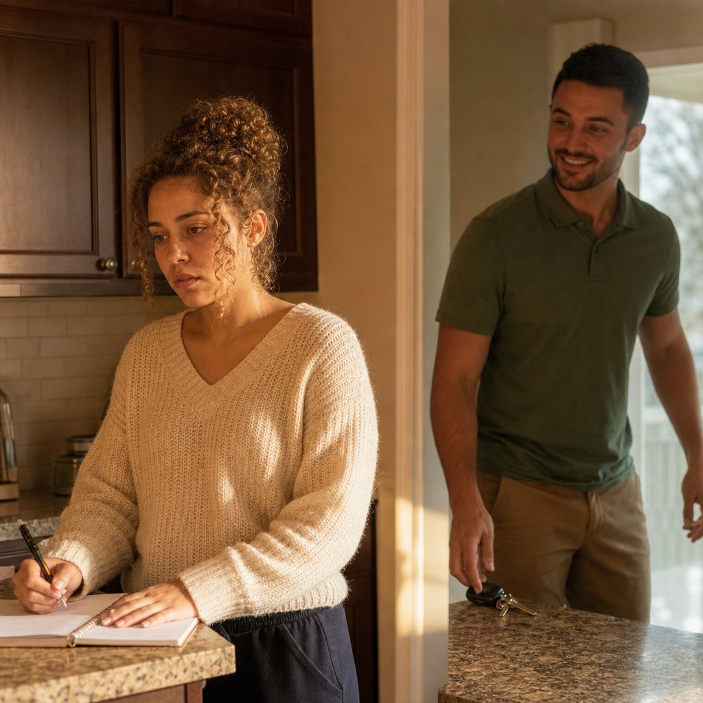A tense woman stands by a notebook as a smiling man enters the kitchen, keys in hand and a face-down phone on the counter.