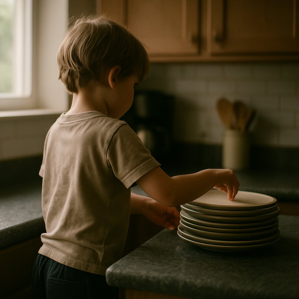 Child stacking dishes in kitchen, back turned.