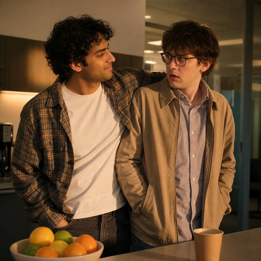 In the office kitchen, Dev stands close to Iris, but Iris looks shocked as if realizing something painful.