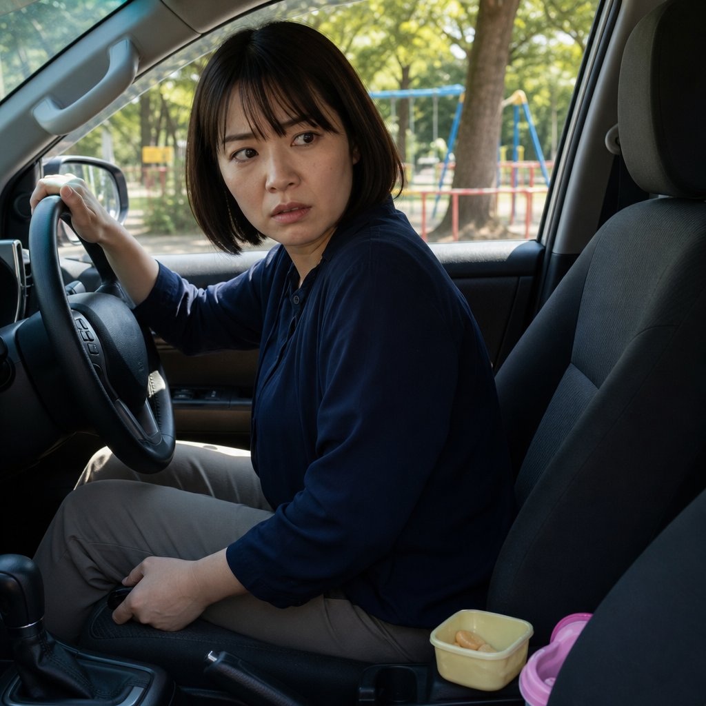 Iris sits in her parked car near a playground, gripping the wheel, tense after confronting Gavin about suspicious transfers.