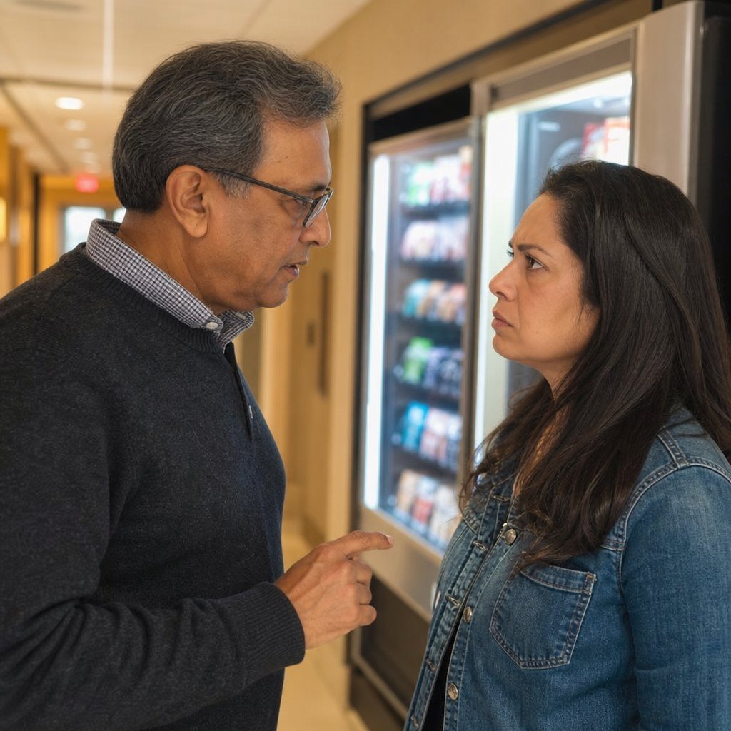 Jonah stands too close in a hallway as Mara stares at him, shaken by what she just saw him delete.