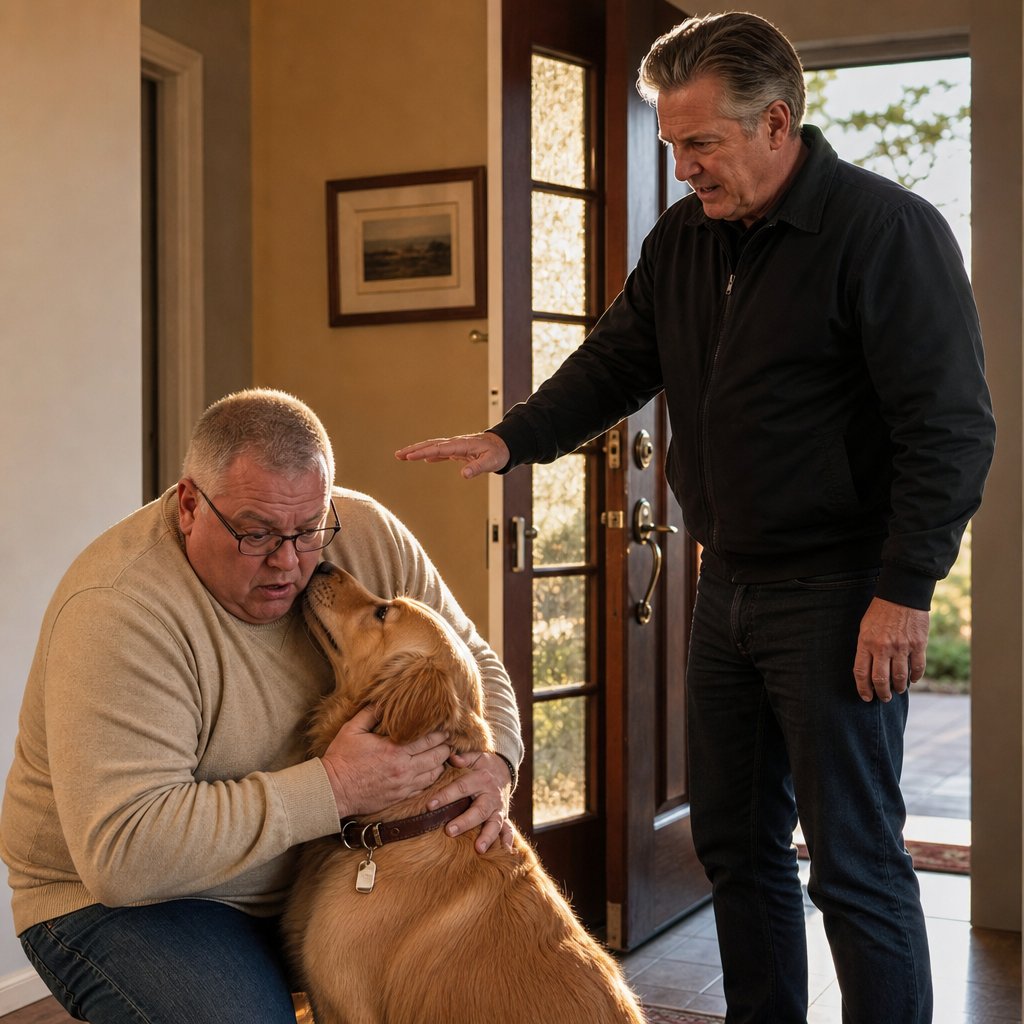 A gray-haired man with glasses crouches by a golden retriever, startled by the dog’s new collar as another man reaches out.