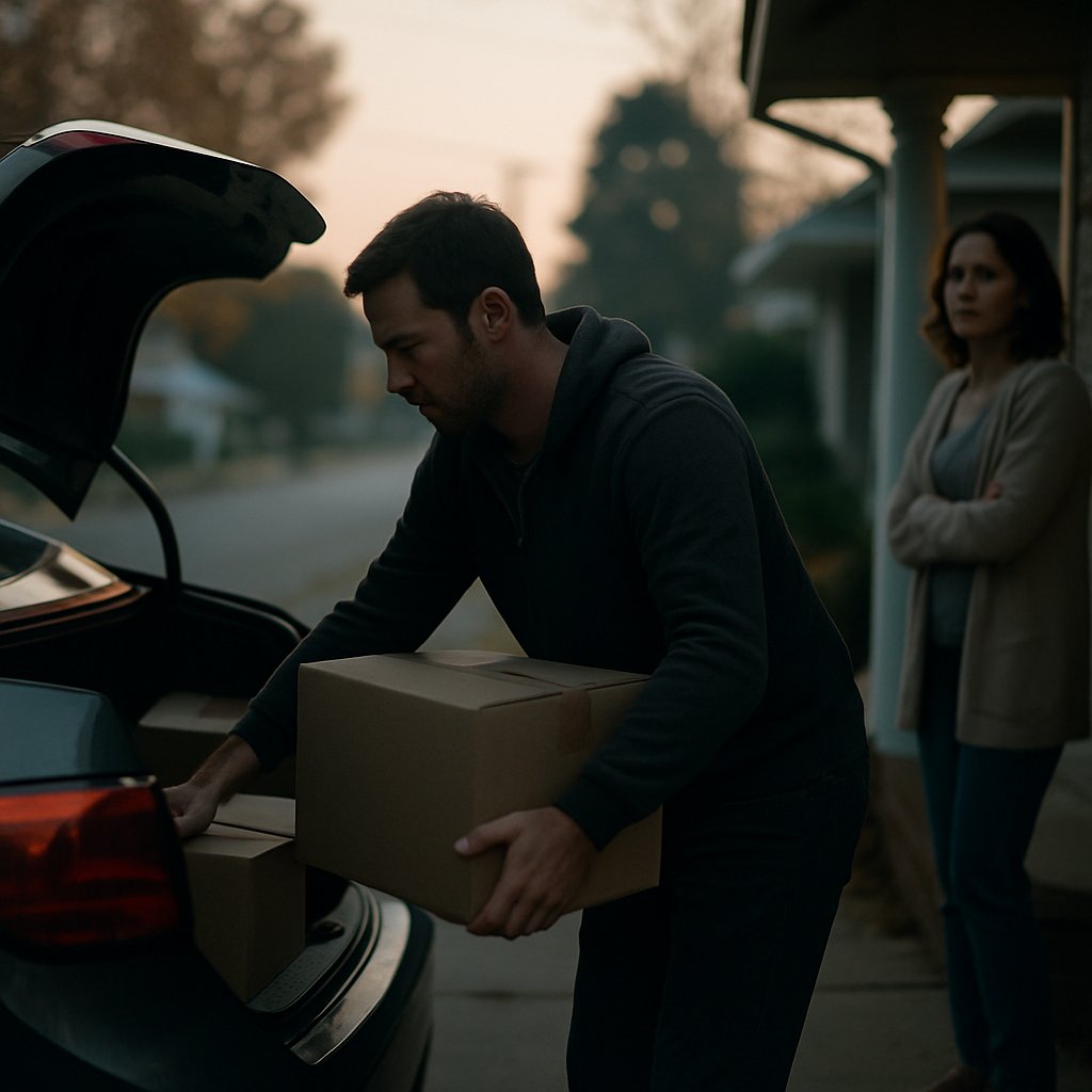Man loading boxes into car trunk at dawn as neighbor watches worriedly.