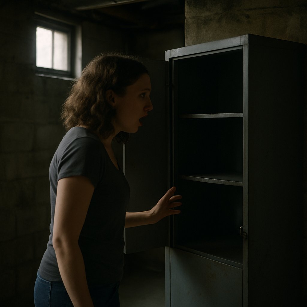 Woman standing at open basement cabinet missing cash box