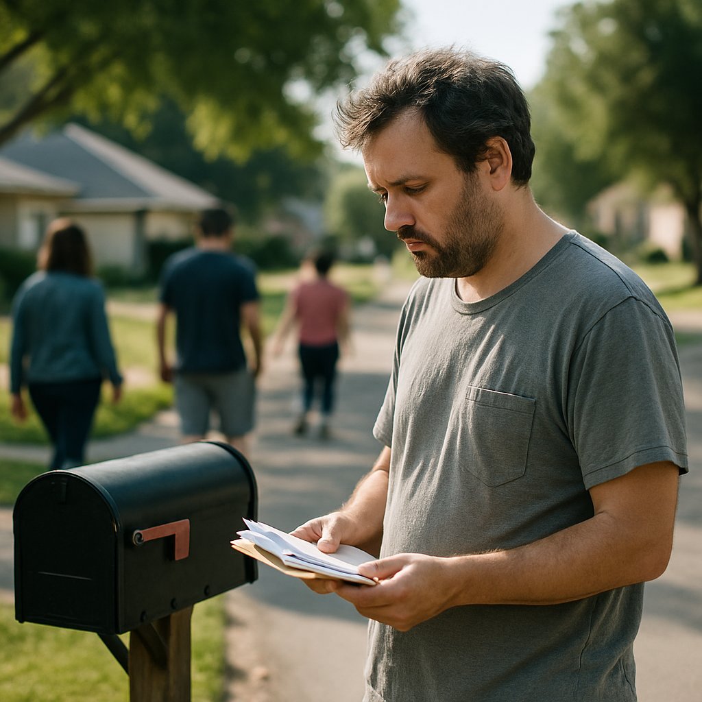 Man holding mail at mailbox with neighbors walking away avoiding eye contact.