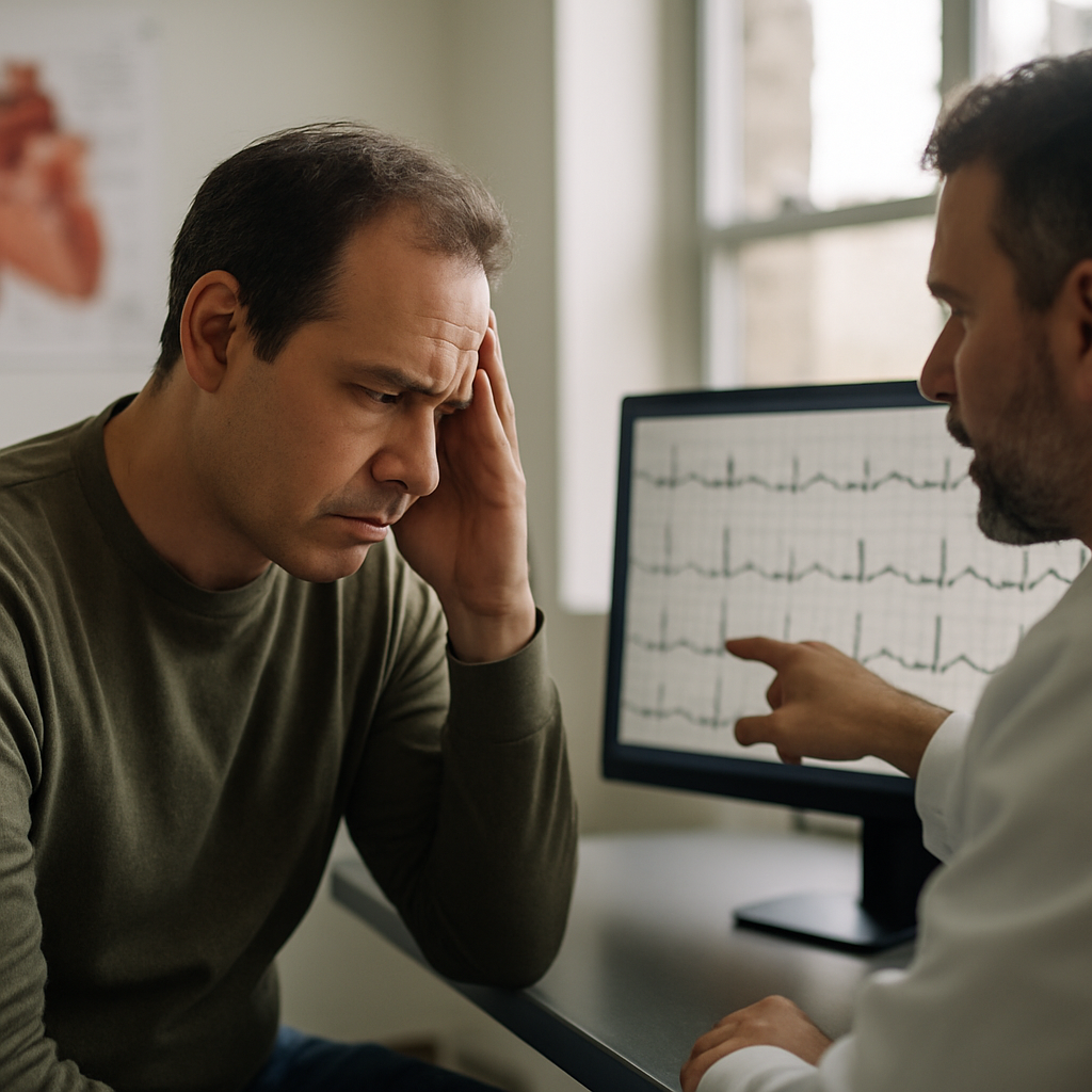 Patient reviewing heart monitor results with cardiologist