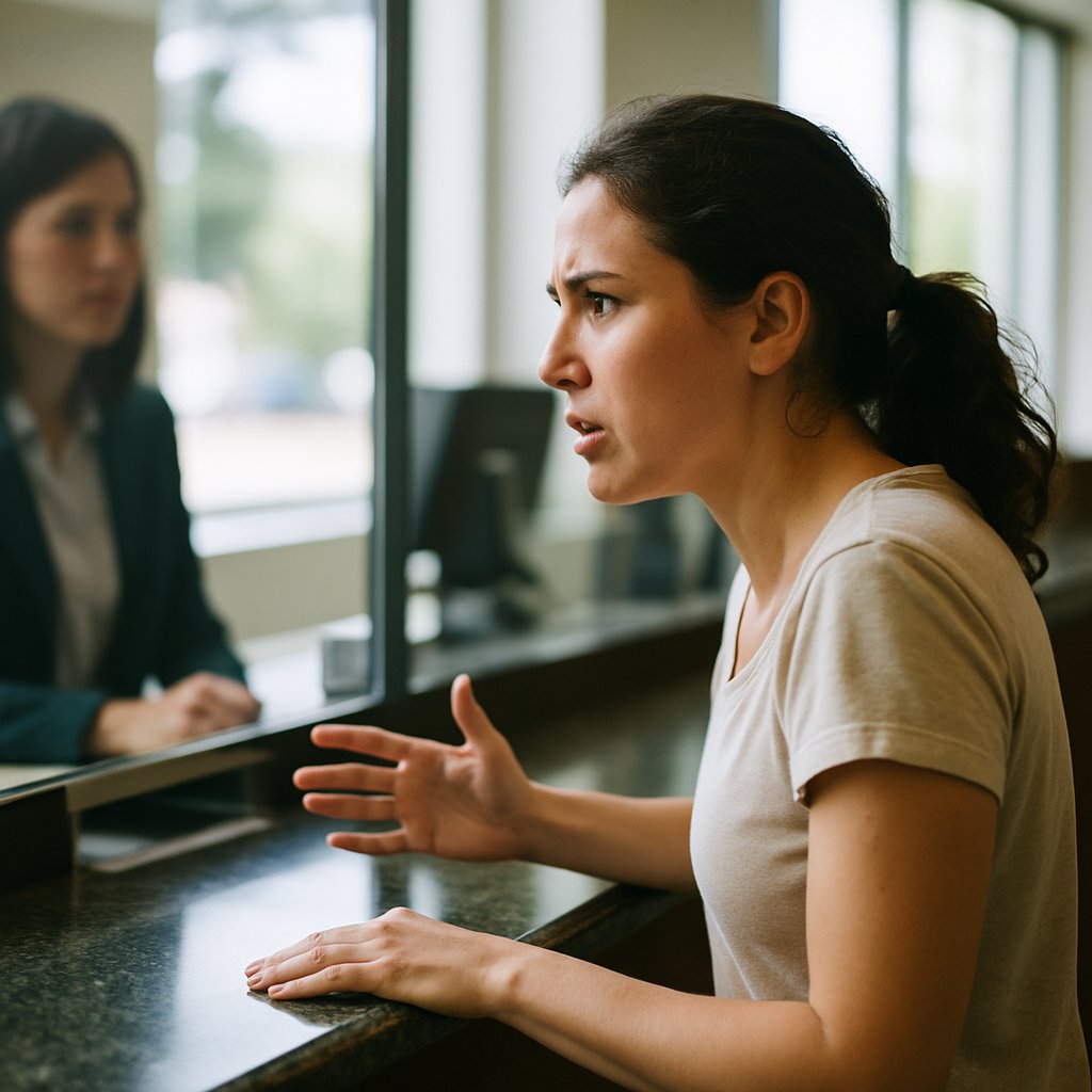 Woman at bank teller window looking serious and determined under bright lights.