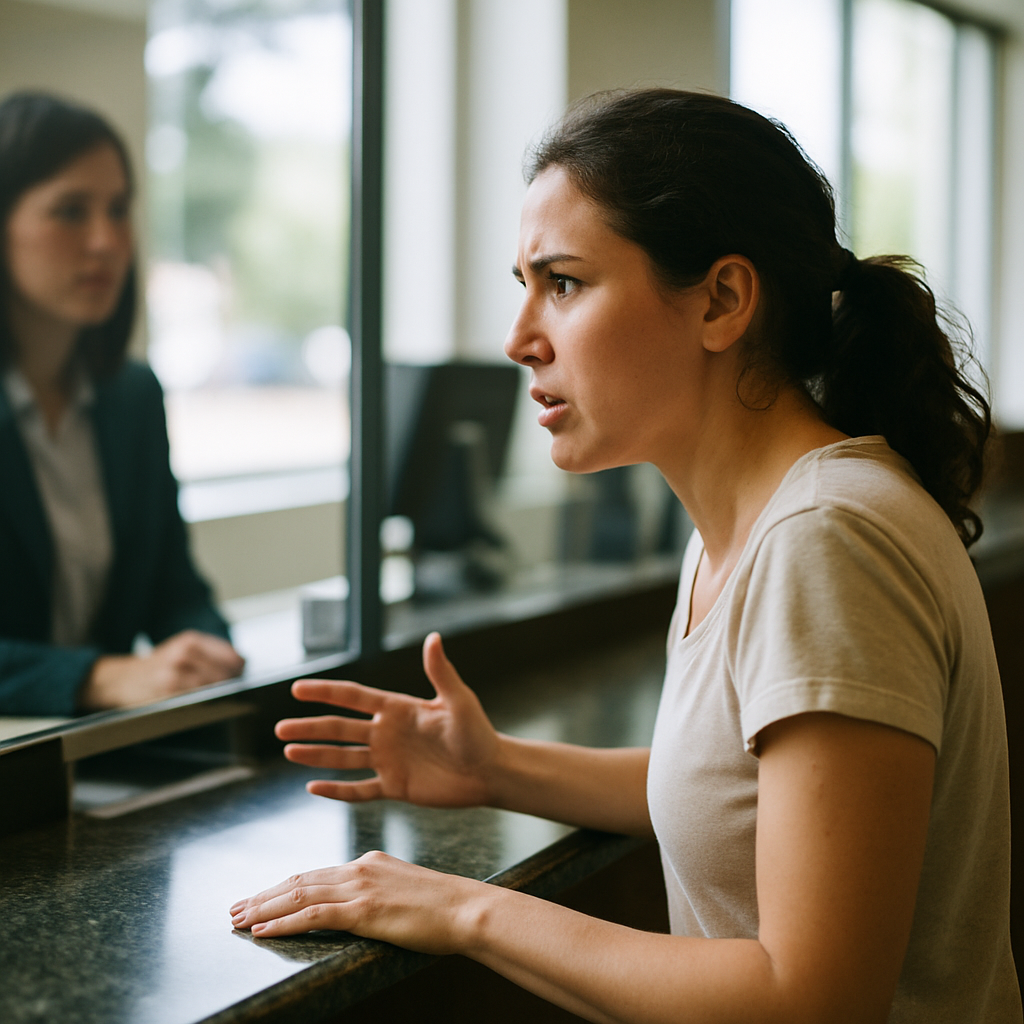 Woman at bank teller window looking serious and determined under bright lights.