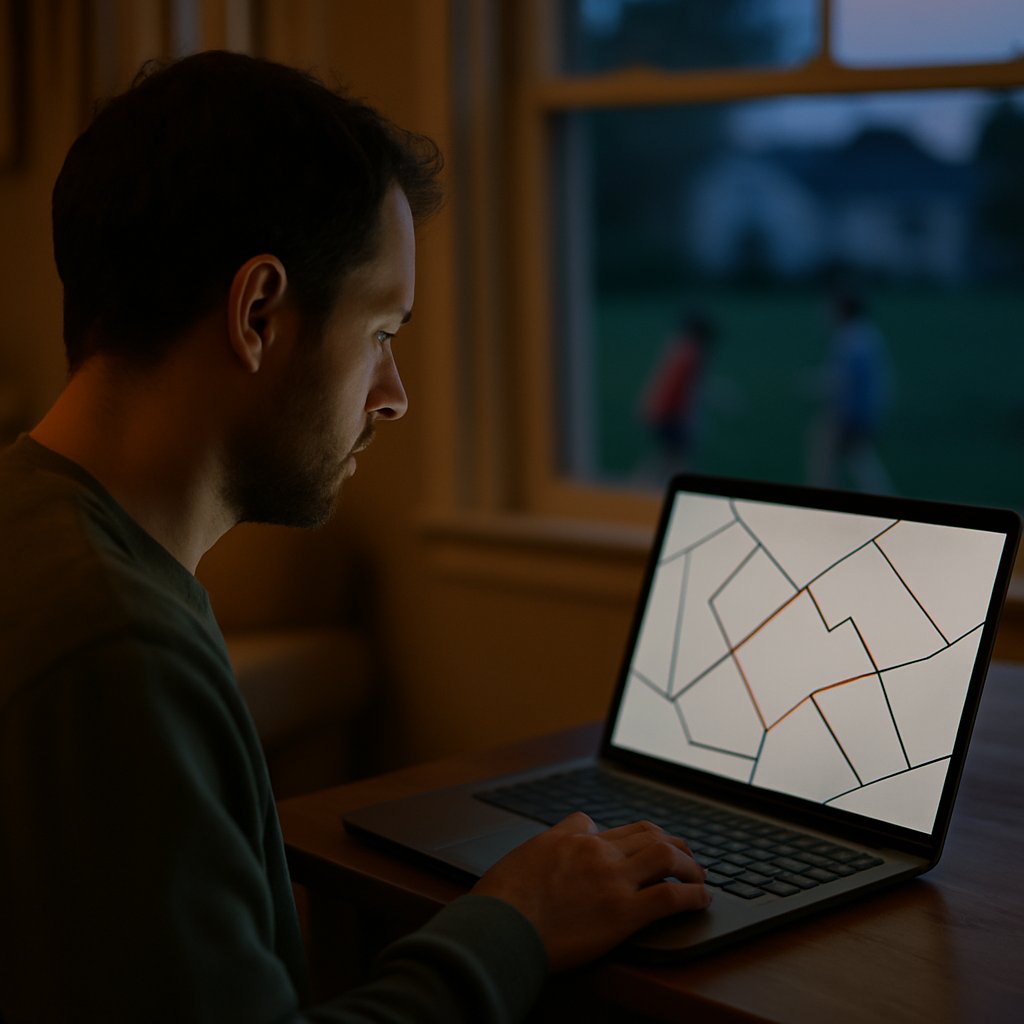 Person studying property plat map on laptop in evening with children playing outside.