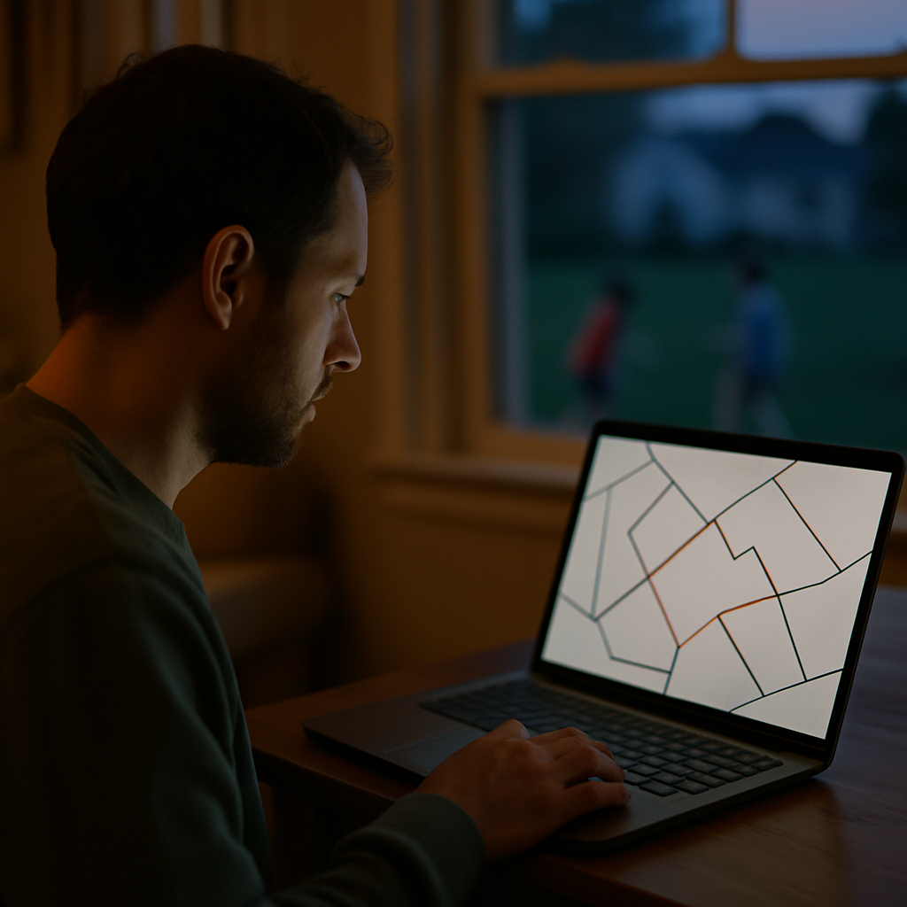 Person studying property plat map on laptop in evening with children playing outside.