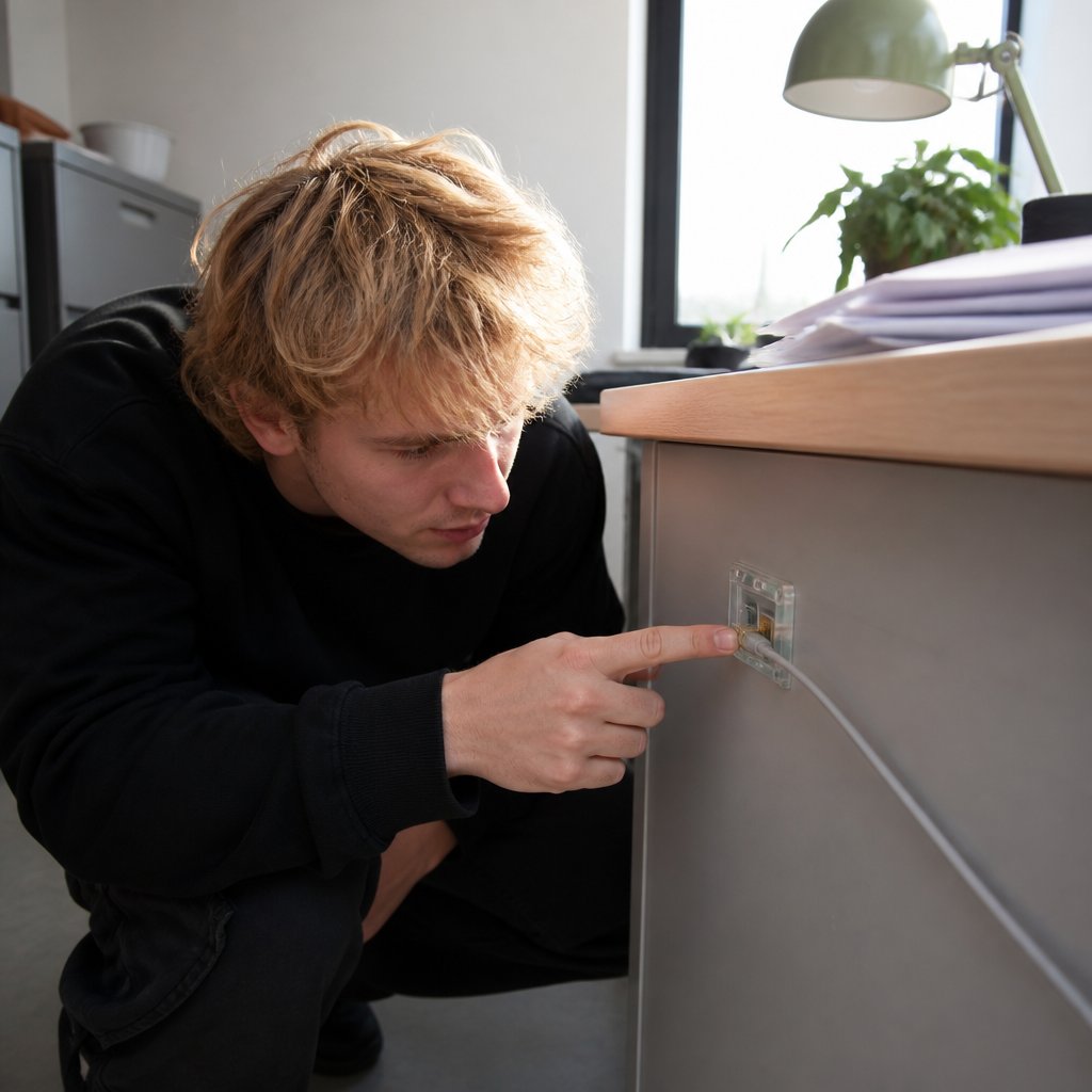Man kneeling by desk, examining a blocked Ethernet port with a plastic cover