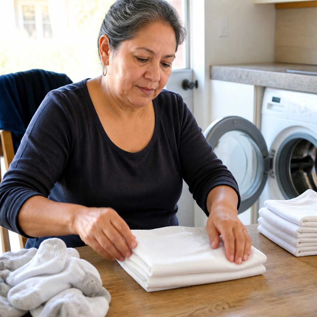 Woman folding clean clothes, washing machine in background, domestic scene.