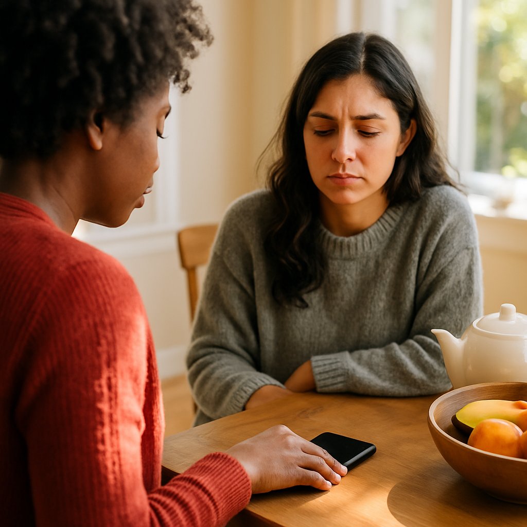 Two women at dining table looking thoughtful, phone face-down on table