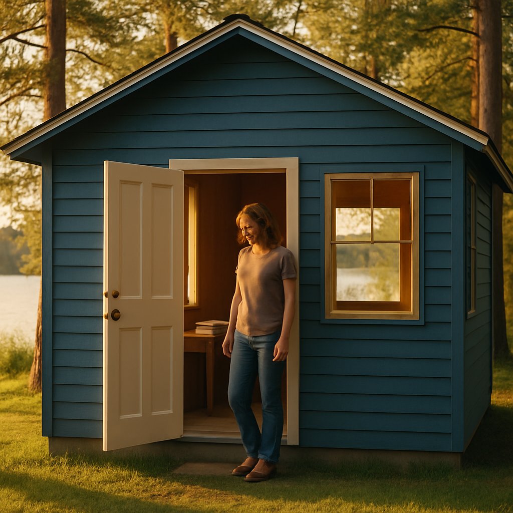 A modest lakeside cabin with fresh paint and new locks, a person stands inside looking at newspapers.