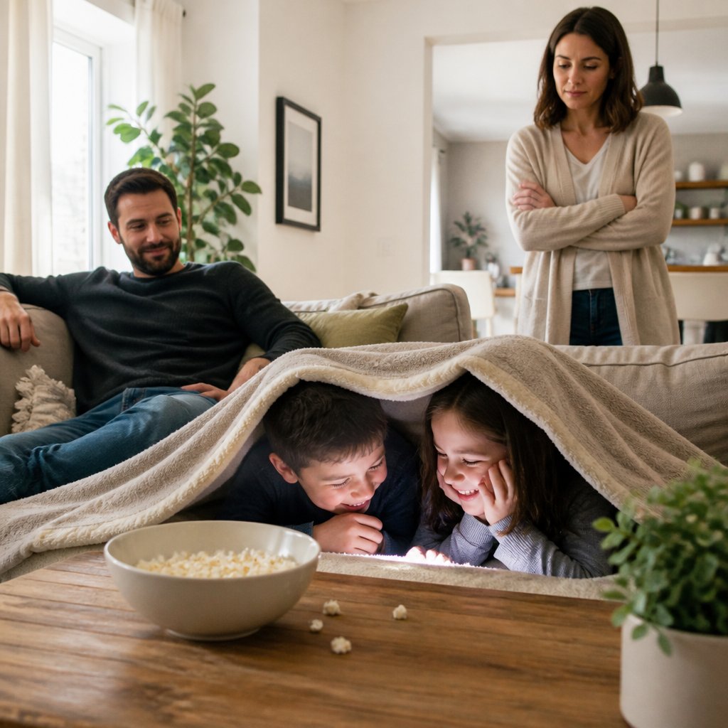 Children secretly using tablet past bedtime while mother watches disapprovingly and father is relaxed.