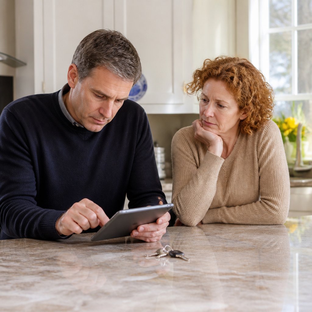 Man controlling digital calendar settings as woman looks on anxiously near kitchen counter.