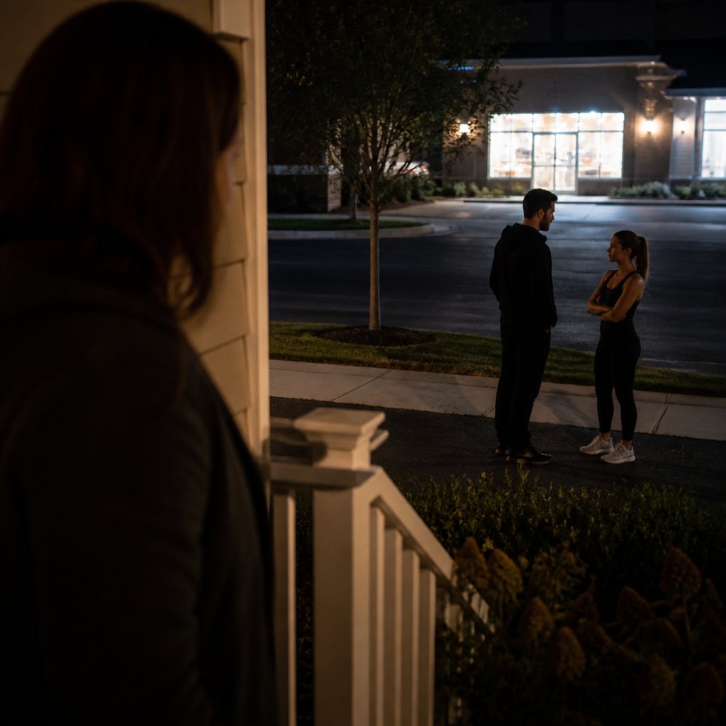 Woman watching from porch at night, man talking to gym woman near store lights
